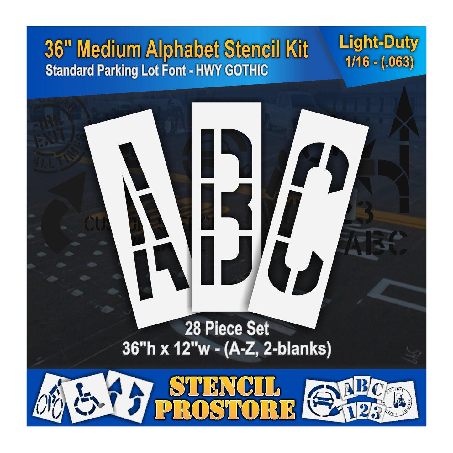 graphic image of 36" medium letters ABC stencils. 0.063" material thickness