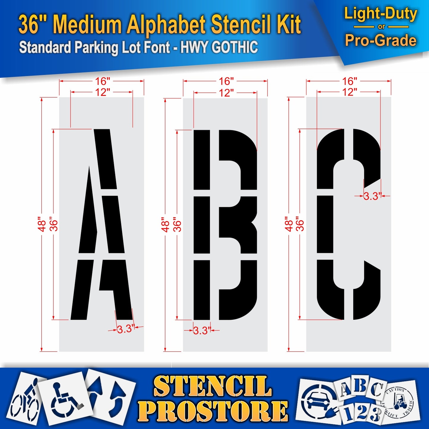 dimension image of 36" medium letters A, B, and C stencils