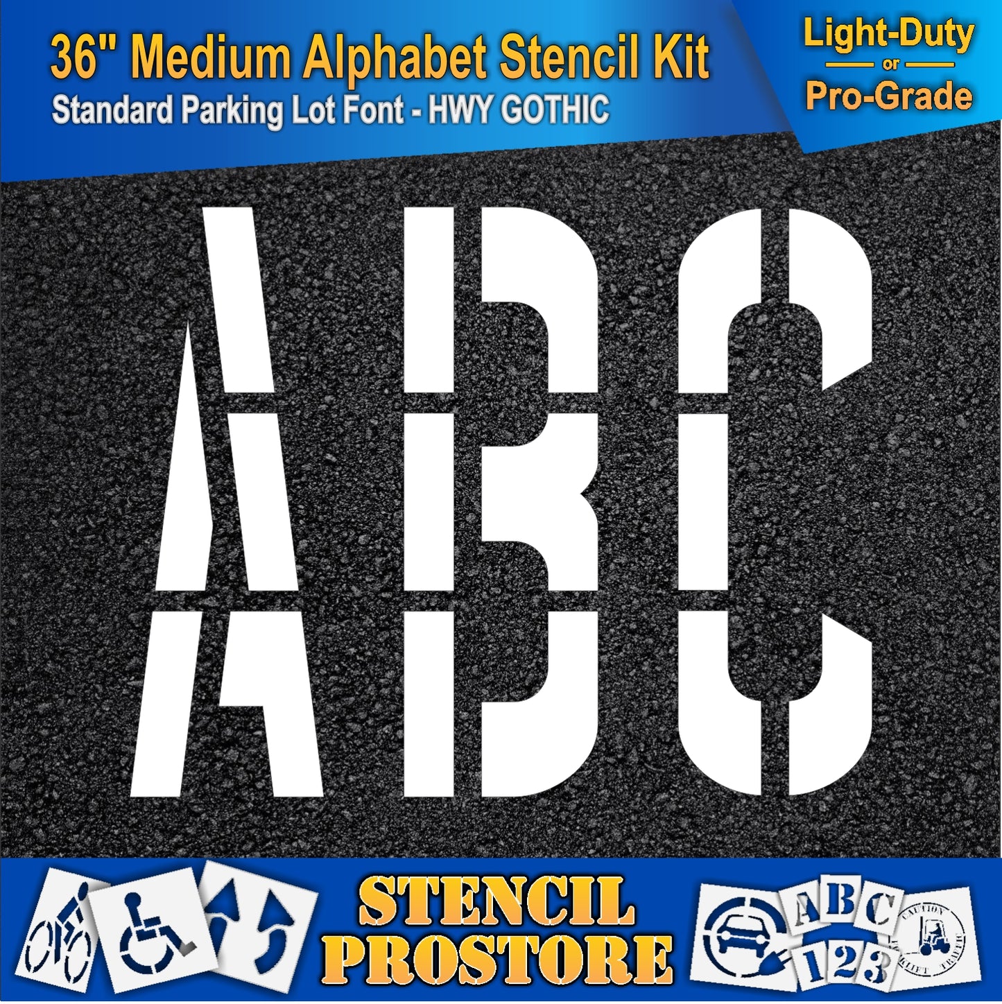 picture of 36" medium letters ABC on asphalt pavement. using the 36" medium alphabet kit