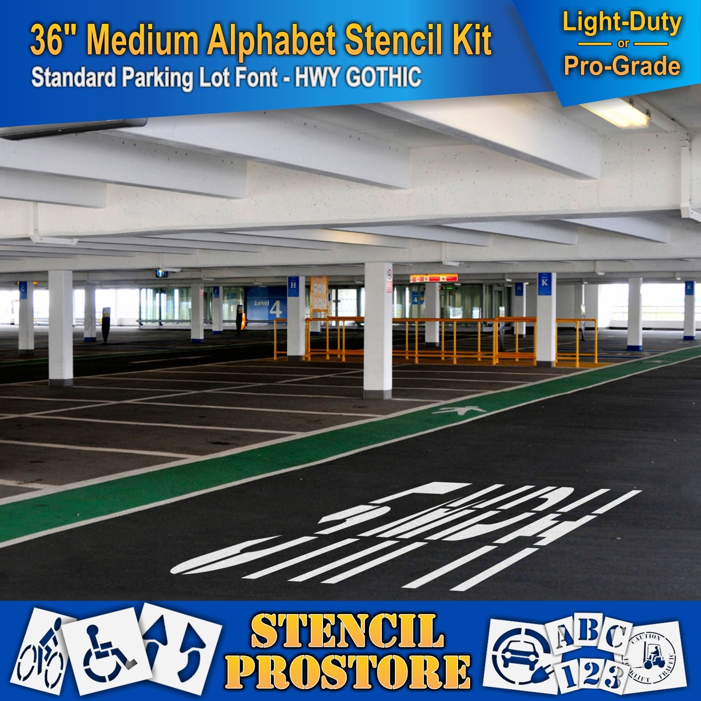 picture of indoor parking lot with 5MPH marking, using the 36" medium alphabet kit