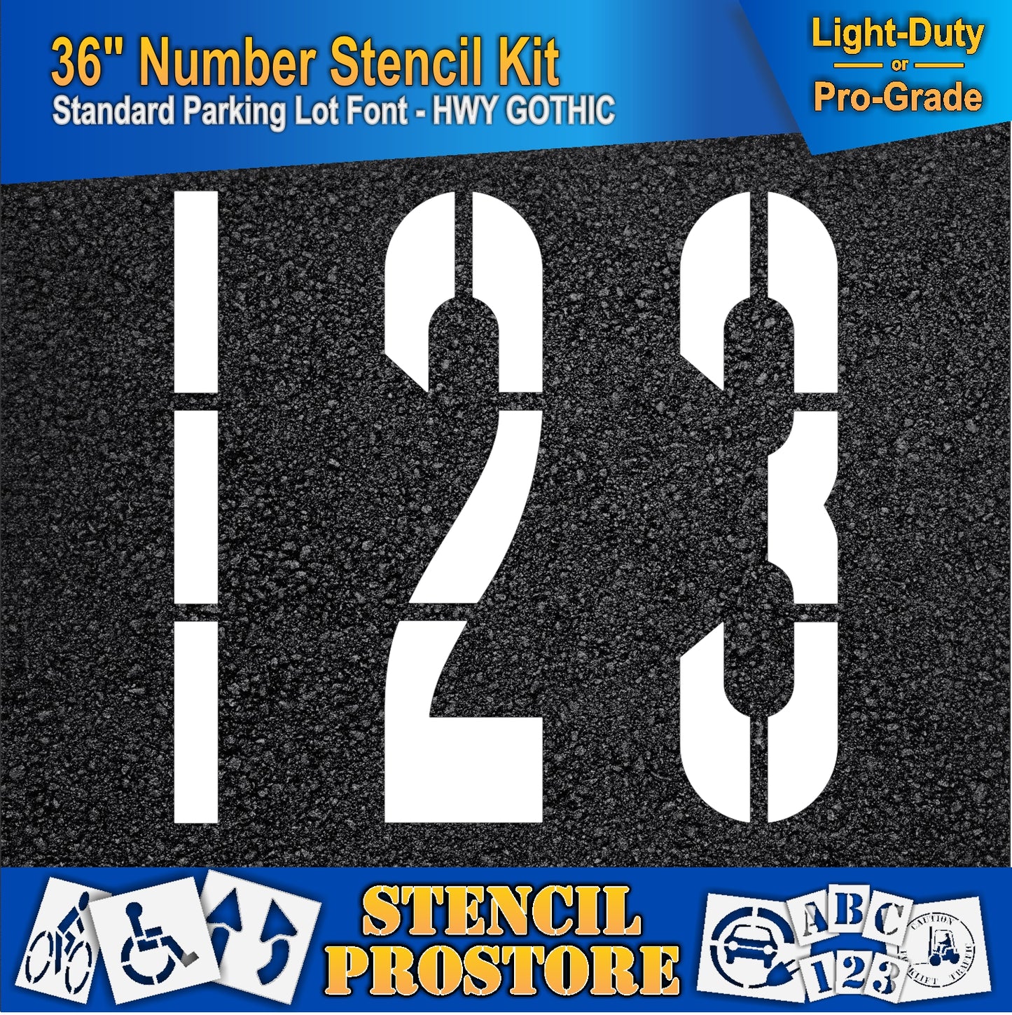 picture of 36" numbers 123 marking on asphalt pavement, using the 36" number stencil kit