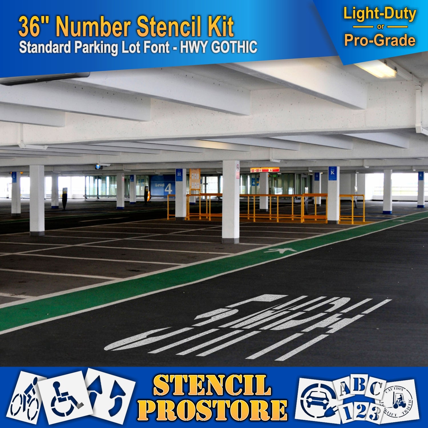 picture of indoor parking lot with 5MPH marking, using the 36" stencil kit