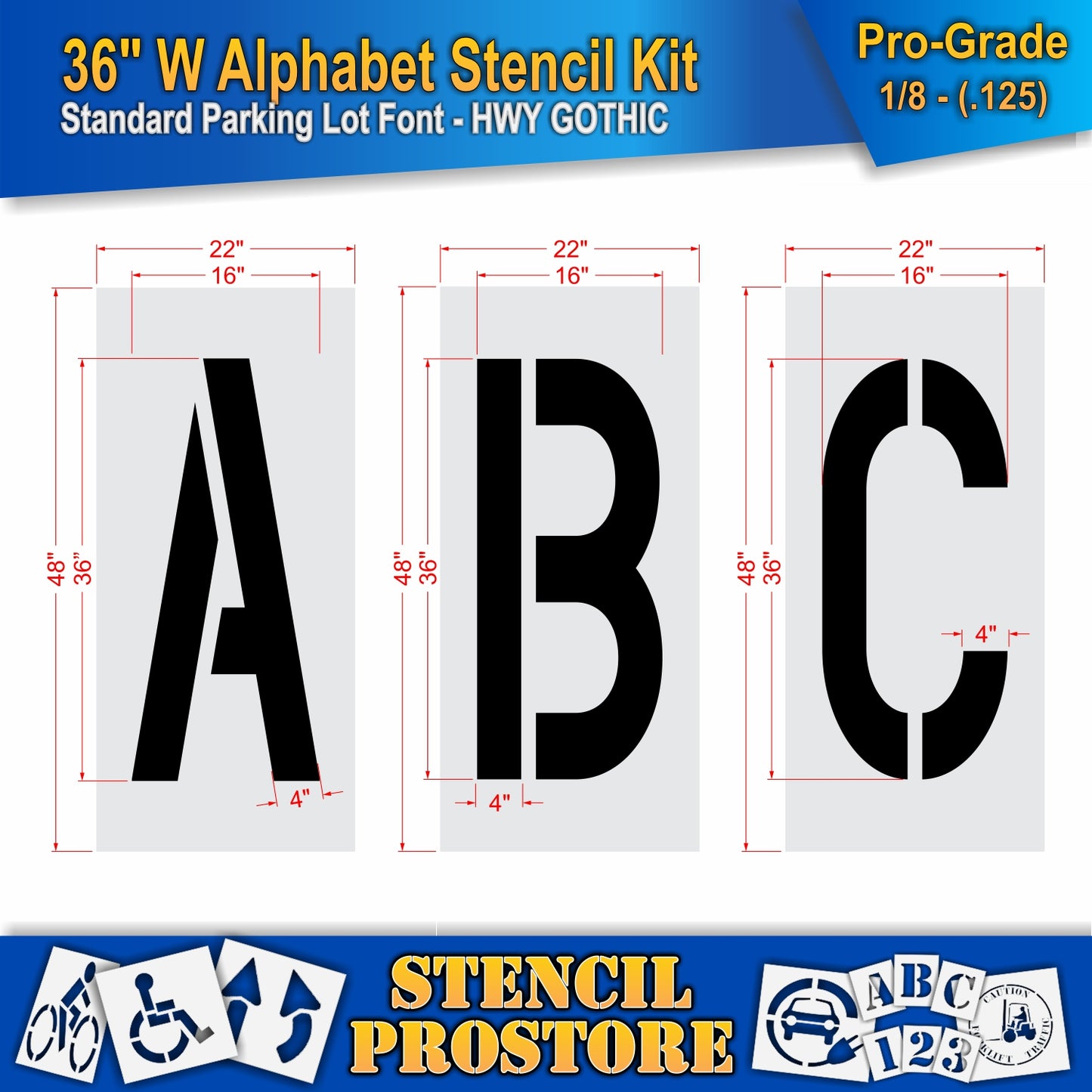 dimension image of 36" wide letters ABC stencils. 0.125" material thickness