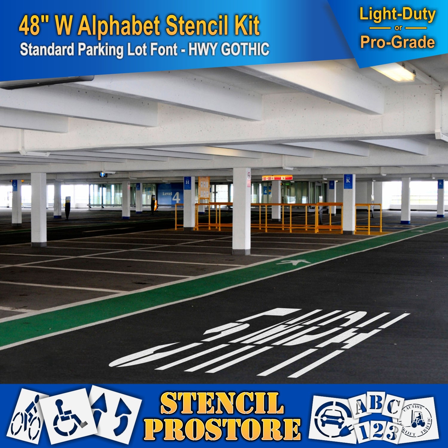picture of indoor parking lot with 5MPH marking, using 48" wide alphabet kit