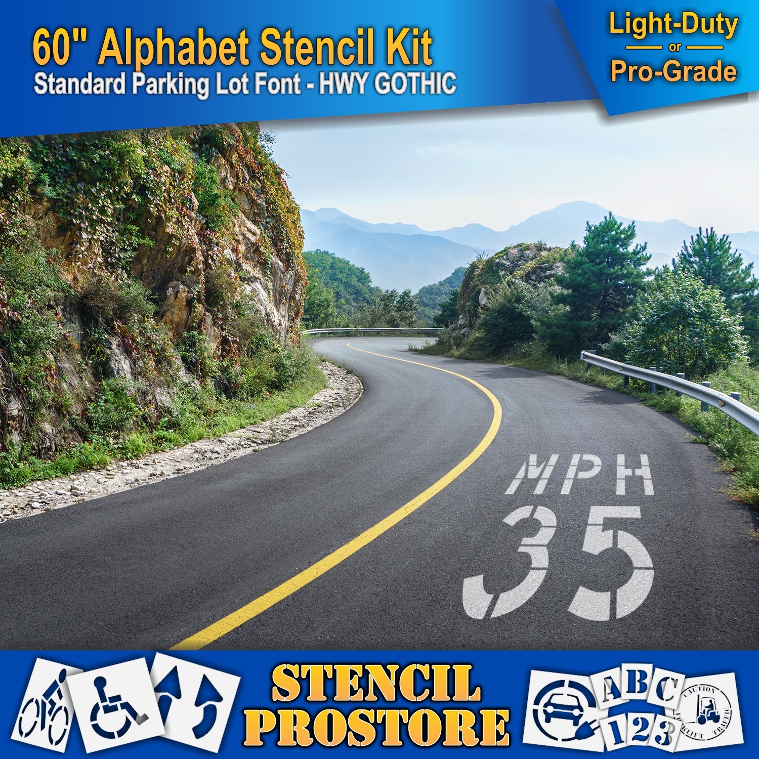 landscape of pavement road with MPH 35 marking, using 60" alphabet stenci kit