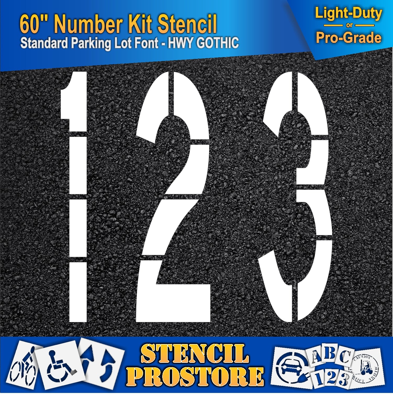 picture of 60" 123 marking on asphalt pavement, using 60" number kit stencil