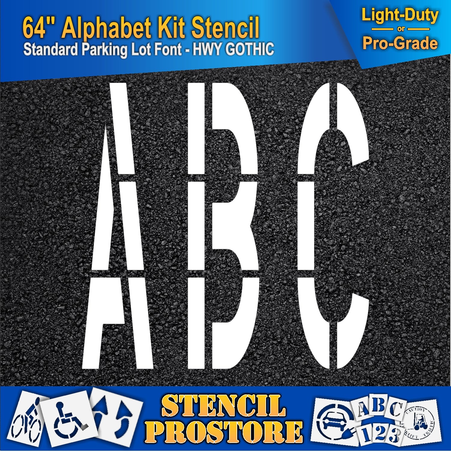 picture of 64" ABC markings on asphalt pavement, using 64" alphabet kit stencil