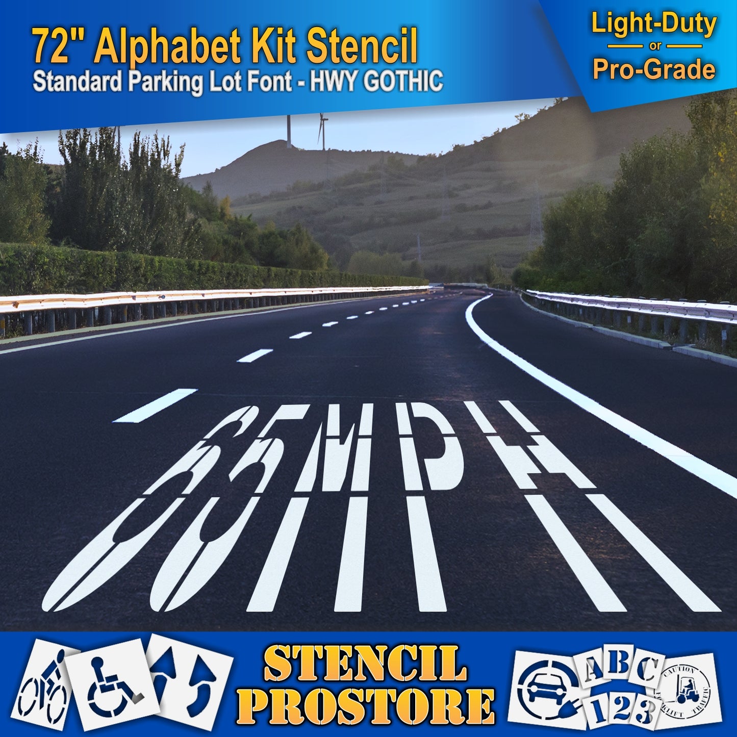 picture Two-lane asphalt roadway with 65MPH marking, using 72" alphabet kit stencil