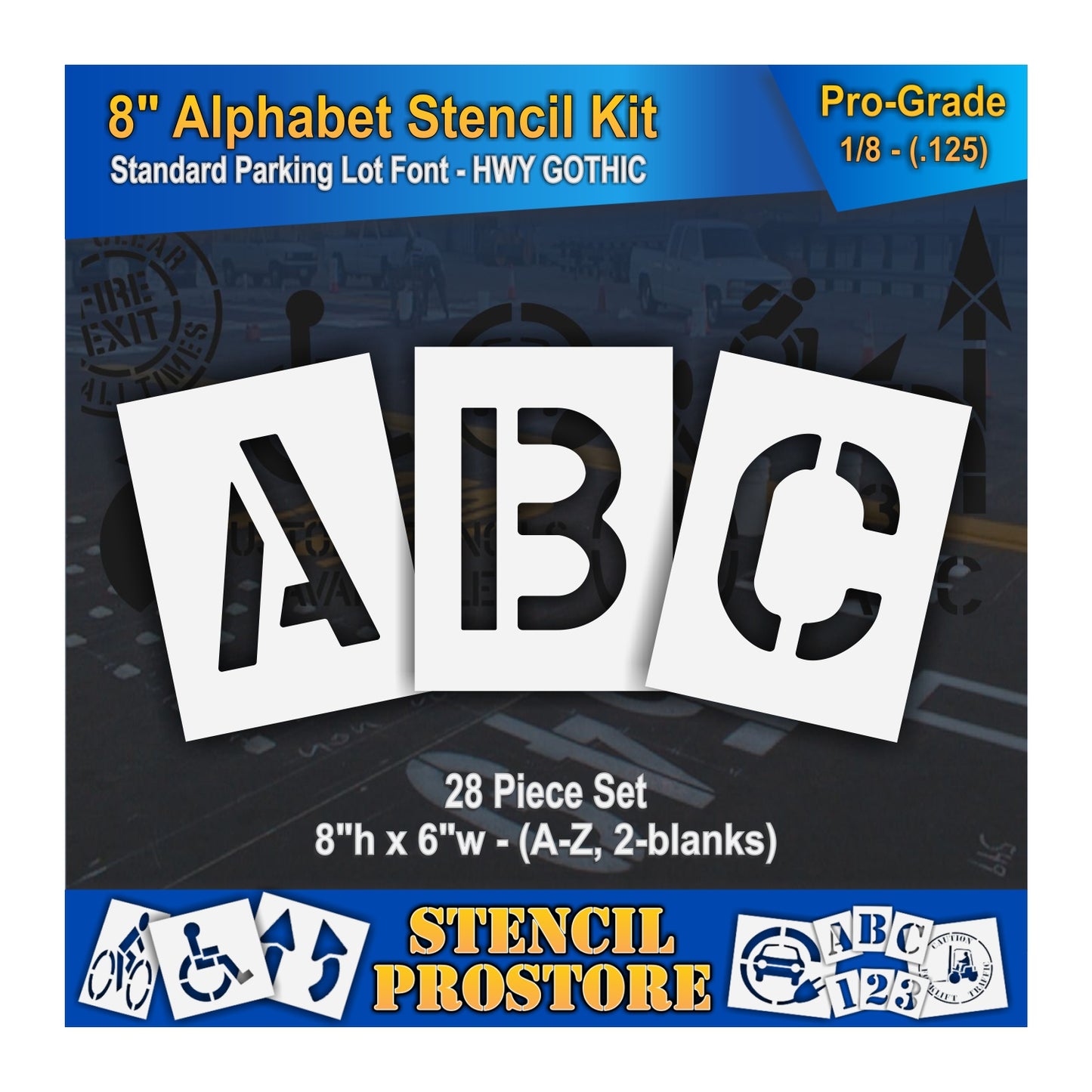 graphic image of 8" ABC stencils. 0.125" material thickness