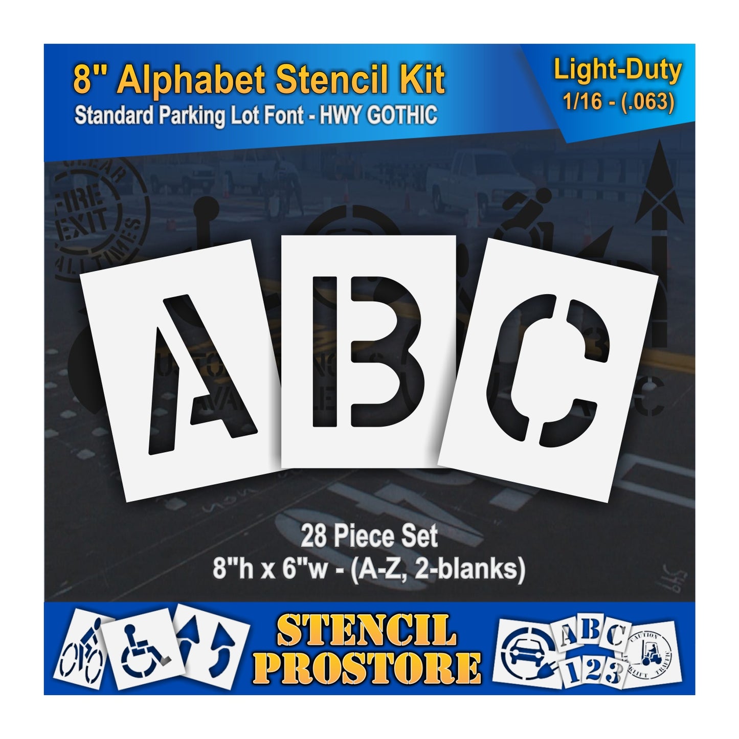 graphic image of 8" ABC stencils. 0.063" material thickness