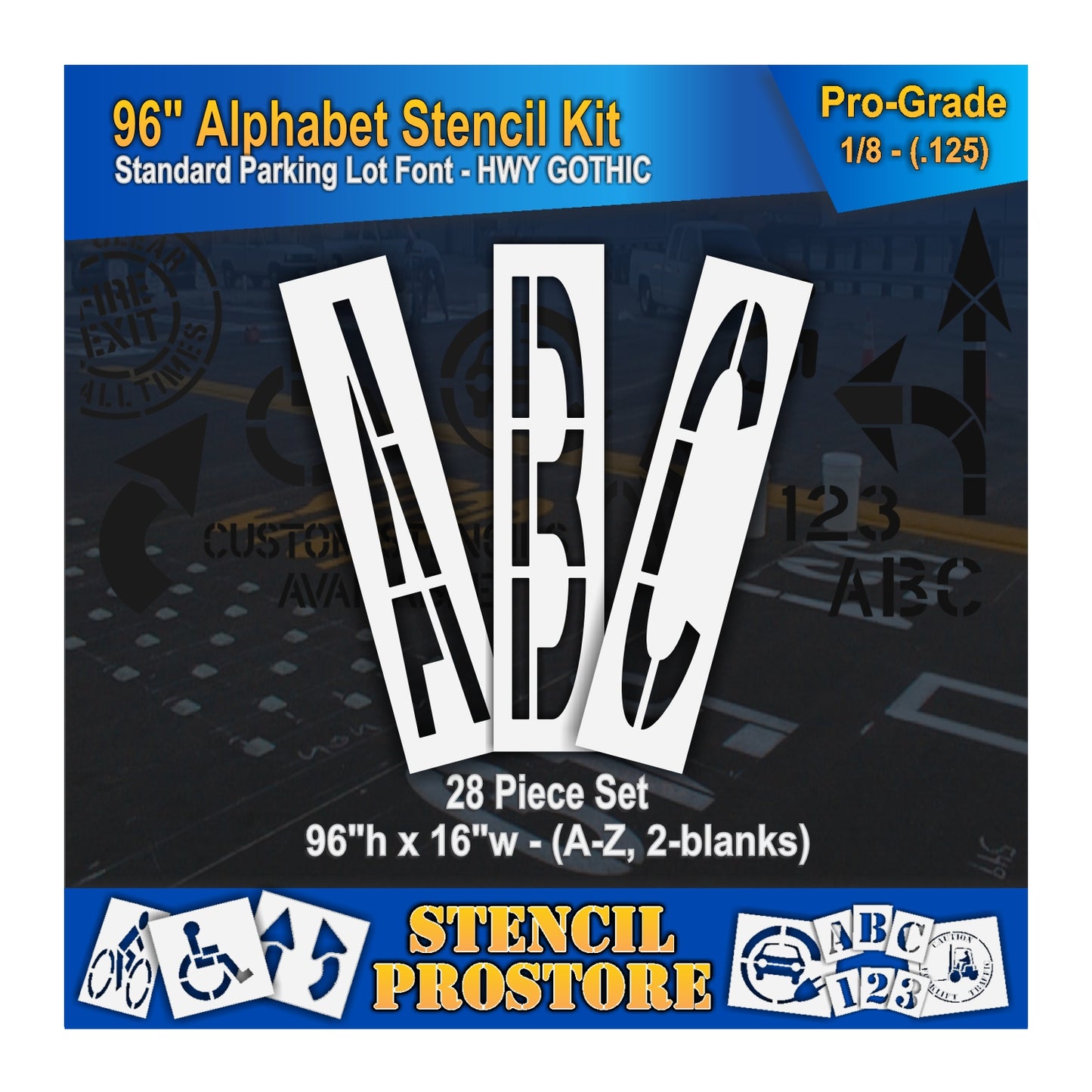 graphic image of 96" alphabet kit stencil. 0.125" material thickness