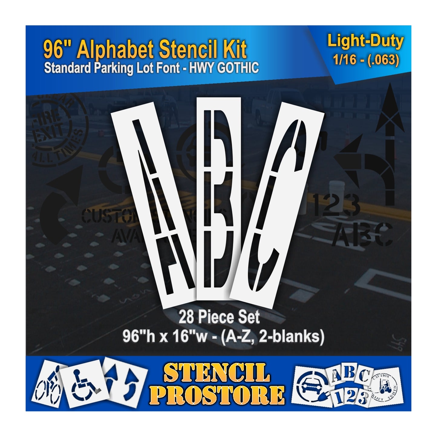 graphic image of 96" alphabet kit stencil. 0.063" material thickness