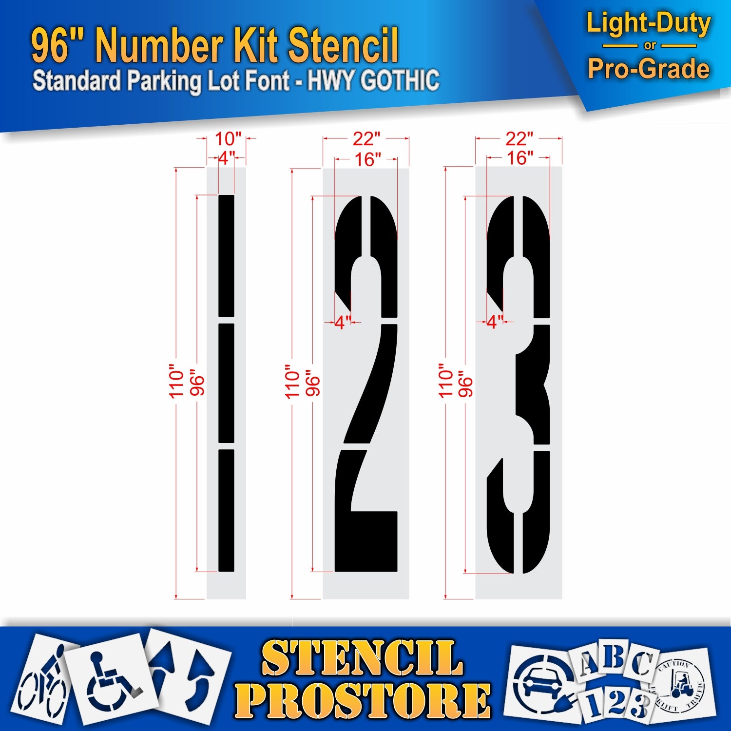 96-inch number stencil kit with dimensions and branding on a white background