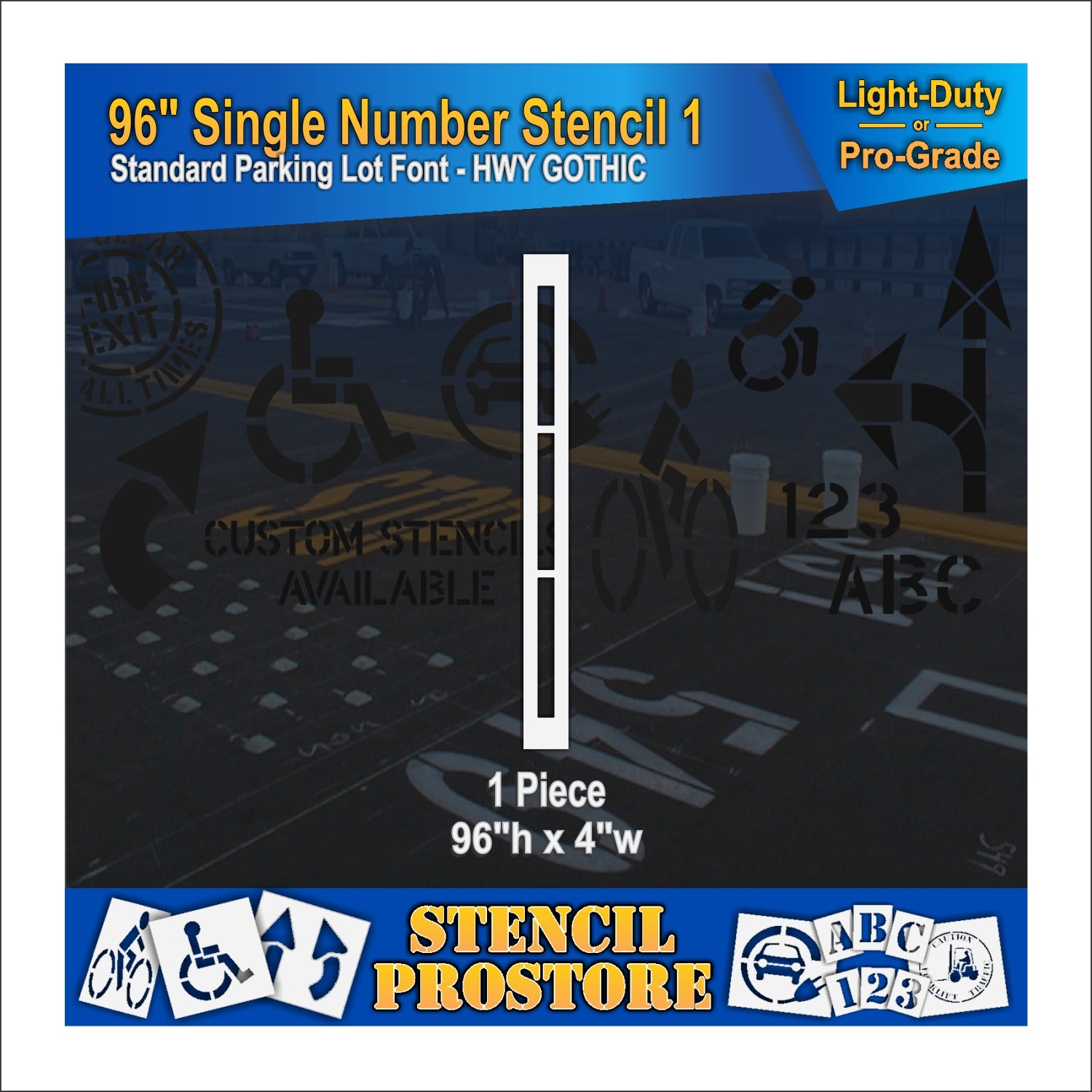 96-inch single number stencil with '1' on a dark background, featuring Stencil Pro Store branding.