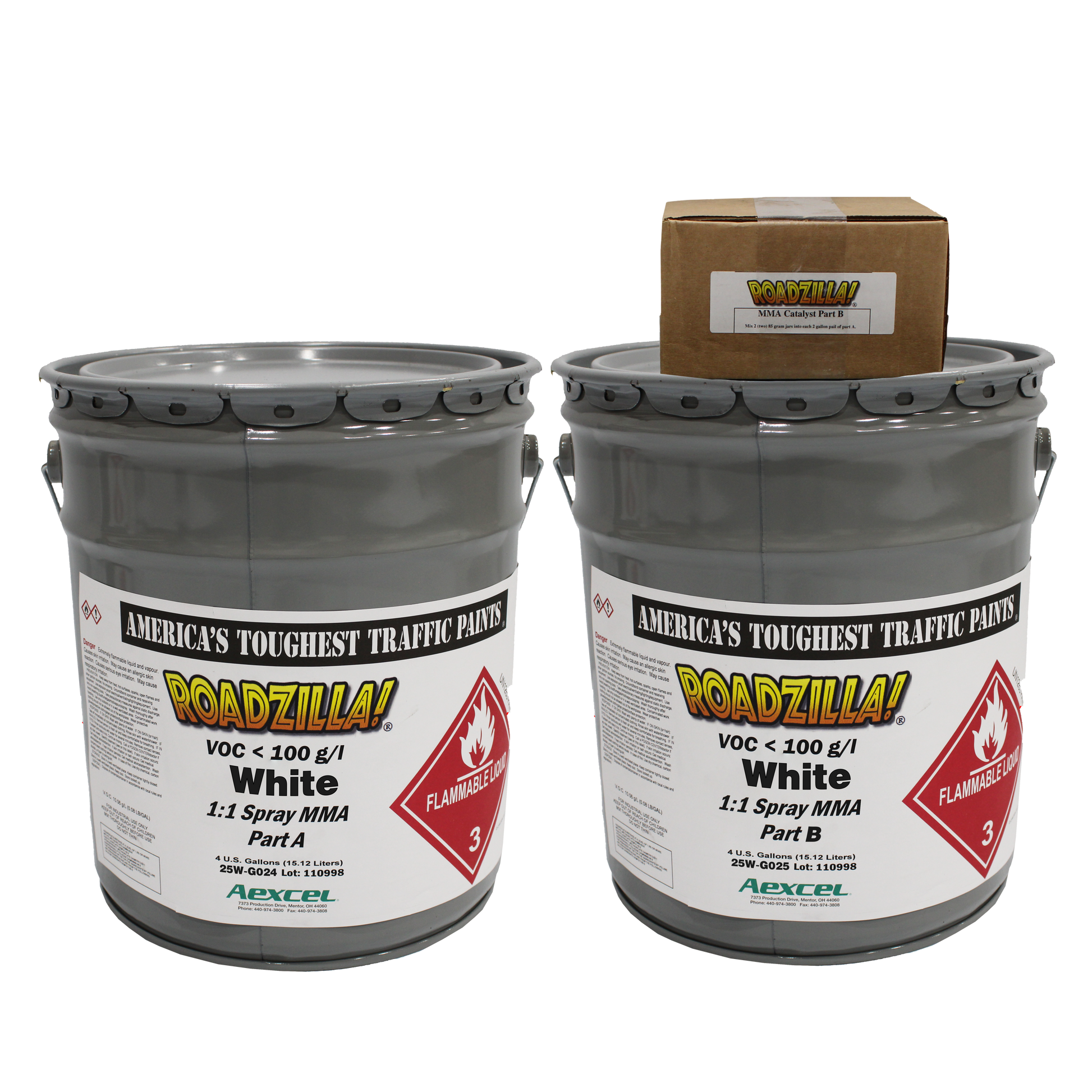 Picture of 2 drums of Roadzilla White 1:1 MMA Part A and Part B with catalyst