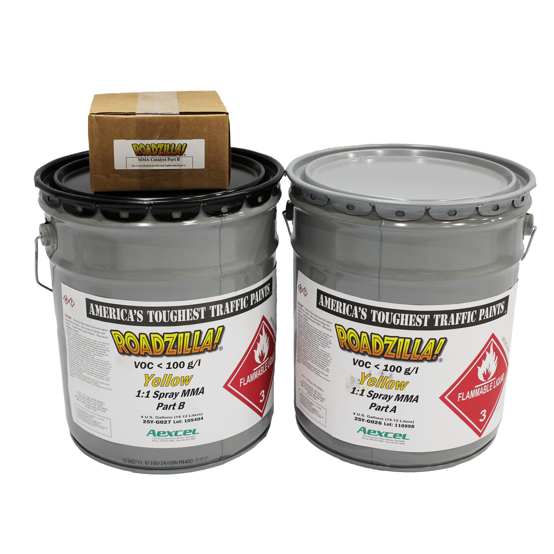 picture of 2 drums of yellow roadzilla part a and part b with a box of part b catalyst