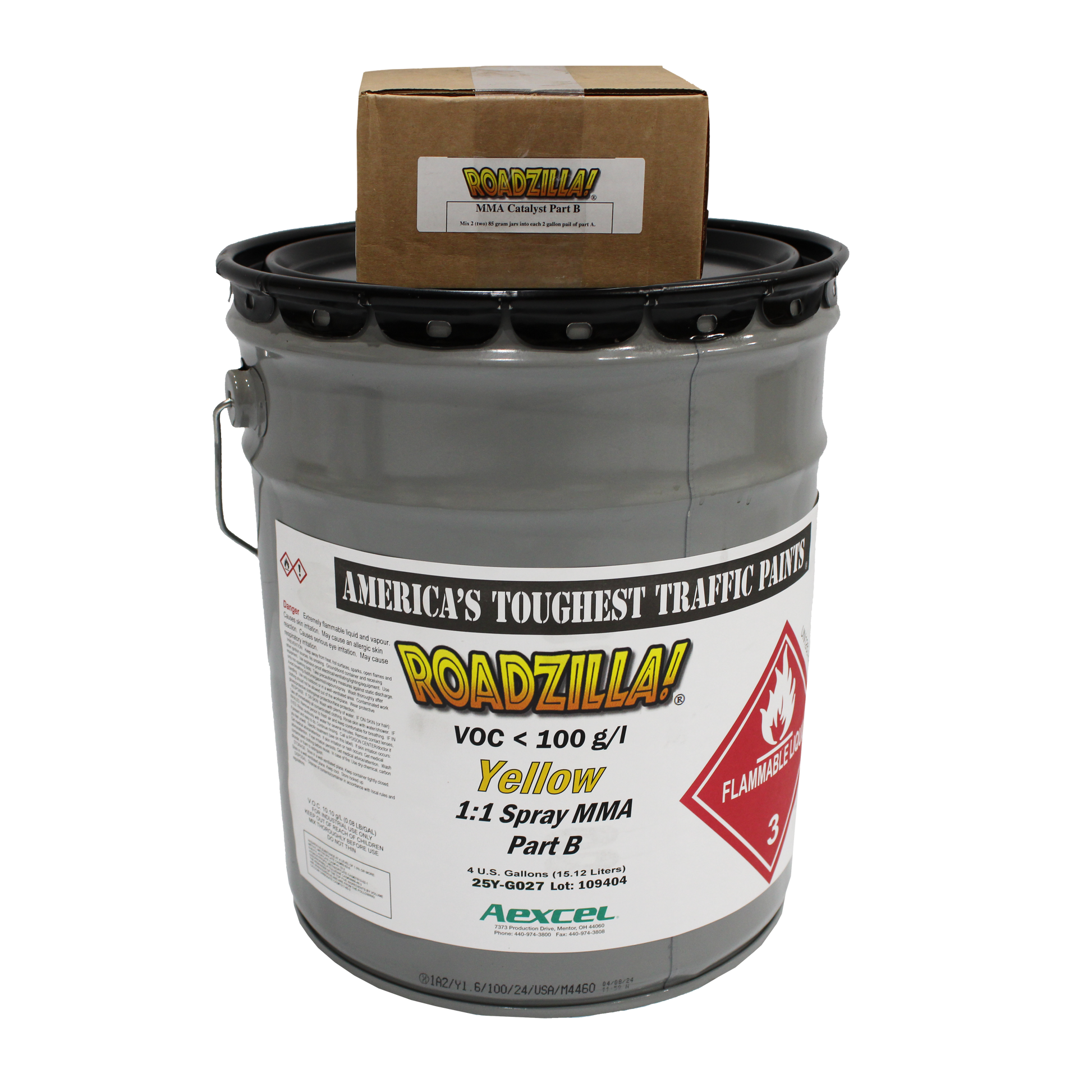 picture of a drum of yellow part B 1:1 MMA paint with a box of part b catalyst