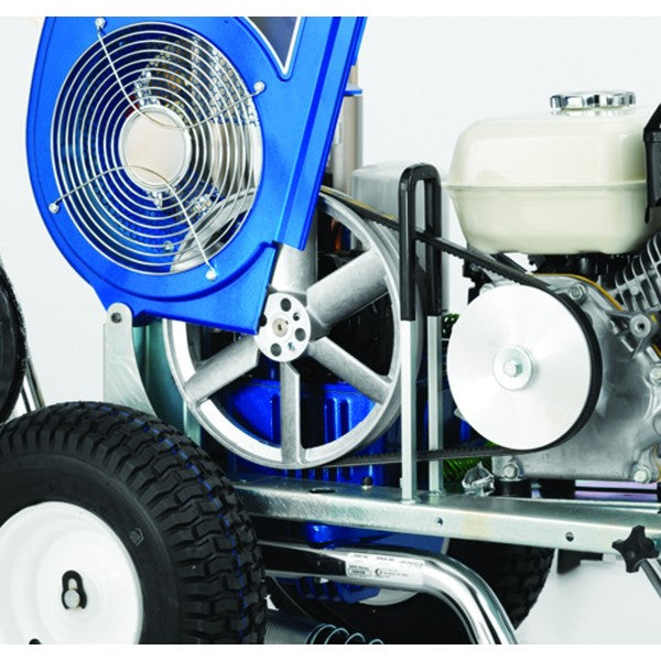 A closeup of the Graco LineLazer V 130HS - Hydraulic Airless Line Striper (2 Guns) with the cover listed revealing the motor