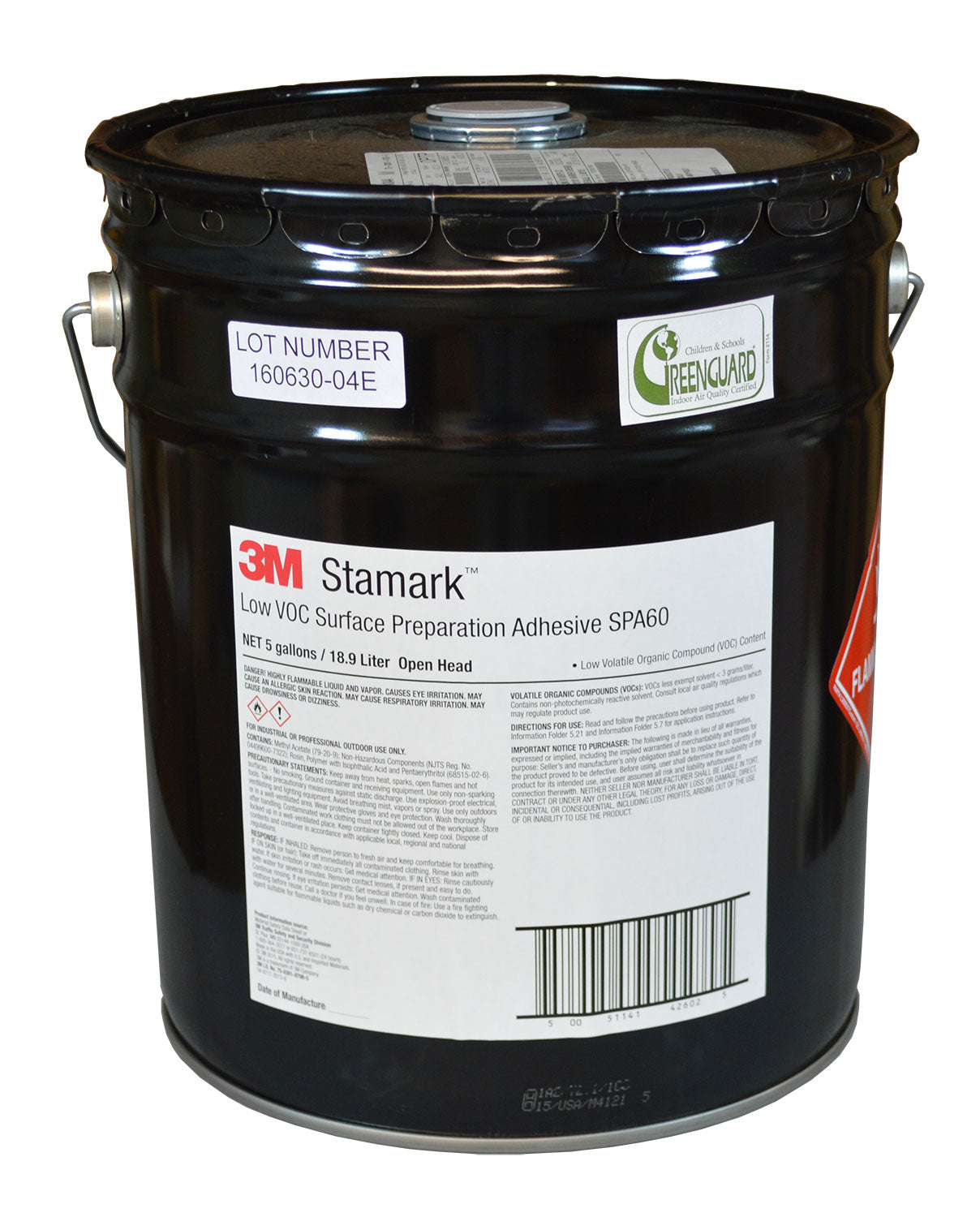 A black 5 gallon bucket with a label that says "3M Stamark Low VOC Surface Preparation Adhesive SPA 60. NET 5 gallons/18.9 Liter Open head. There is additional text but it is too small to read.