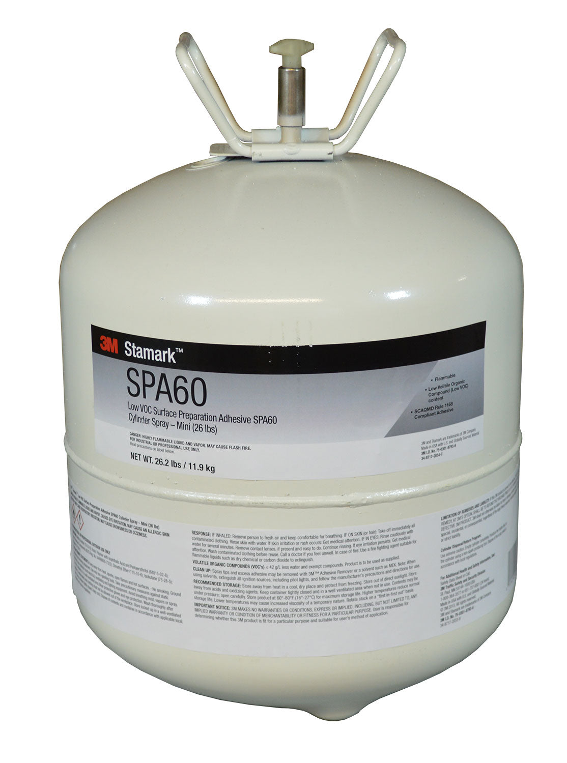 A white cylinder with a label that says "3M Stamark SPA60. Low VOC Surface Preparation Adhesive SPA60. Cylinder Spray - Mini (26 lbs)." and additional text that is too small to read