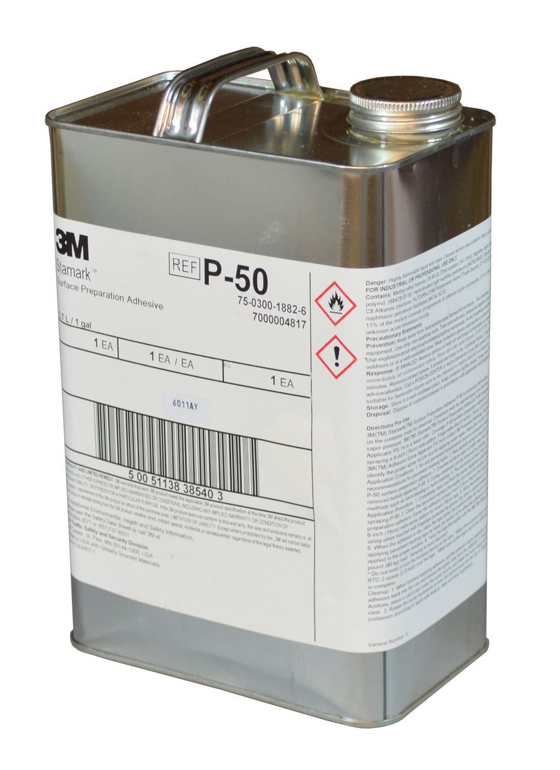 A silver rectangular metal container with a screw on cap. The label says "3M Stamark. Surface Preparation Adhesive. P-50." There is additional text that is too small to read
