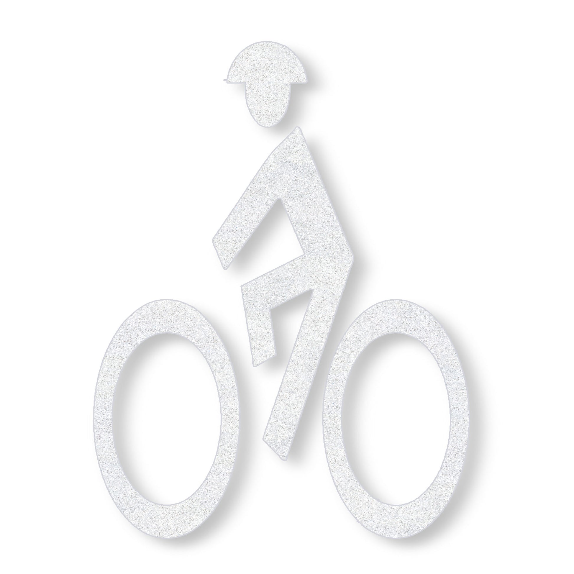 White preformed thermoplastic symbol of a person wearing a helmet on a bike