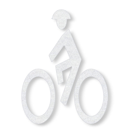 White preformed thermoplastic symbol of a person wearing a helmet on a bike