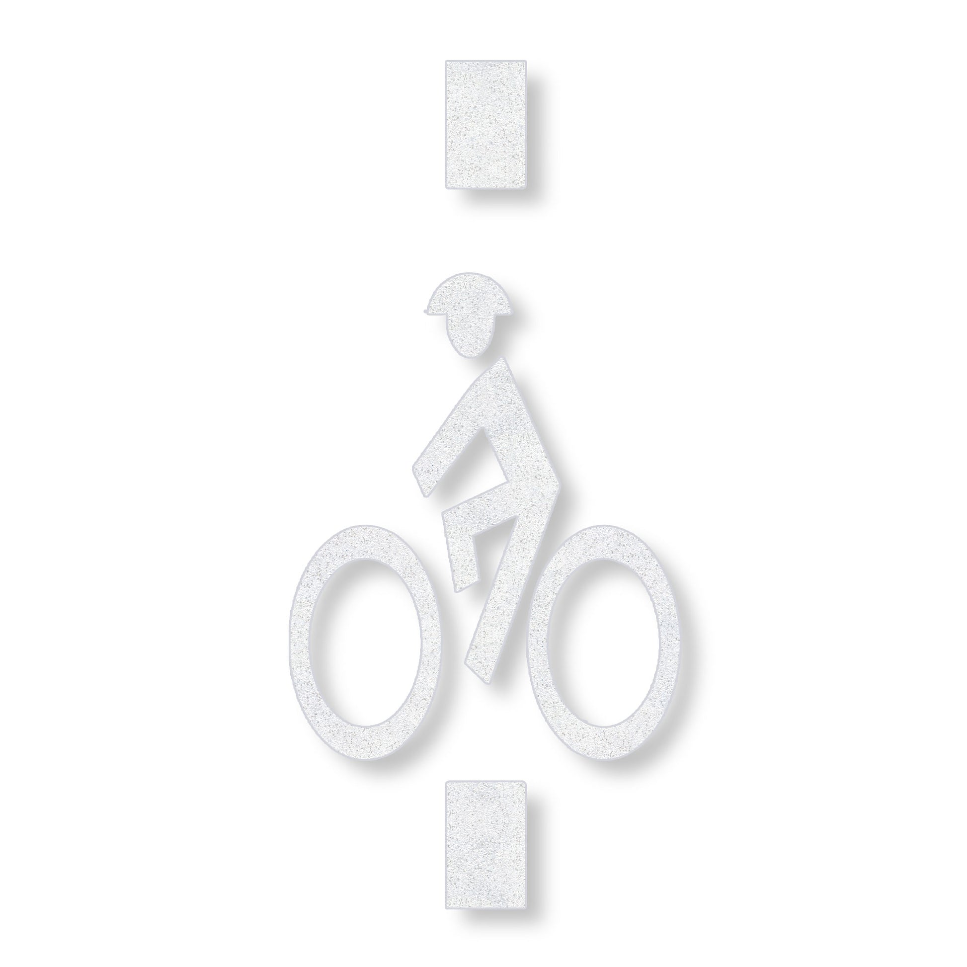 White preformed thermoplastic symbol of a person wearing a helmet on a bike in a vertical line