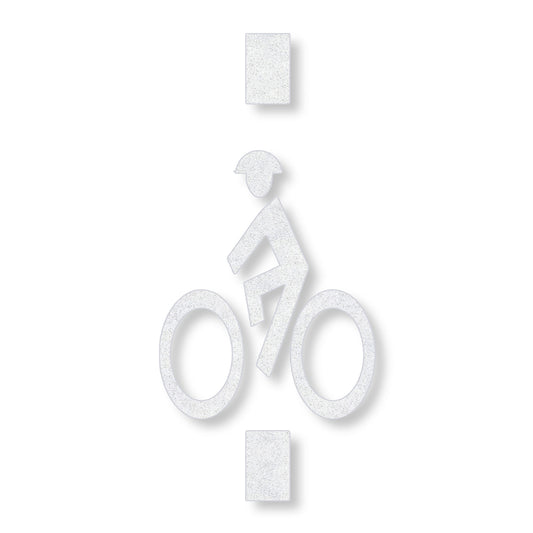 White preformed thermoplastic symbol of a person wearing a helmet on a bike in a vertical line