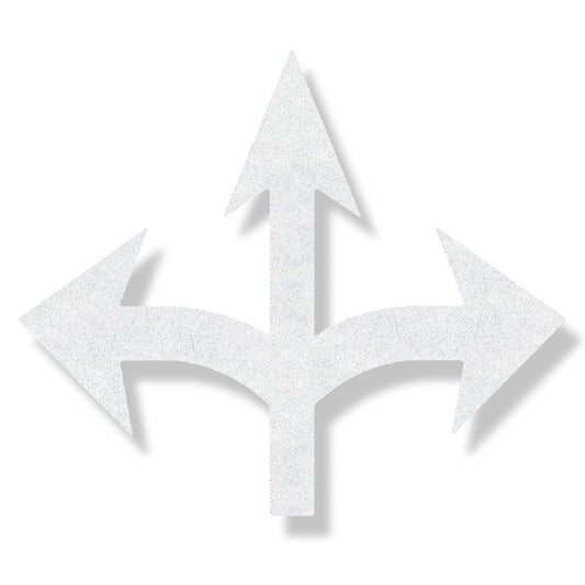 White preformed thermoplastic arrow pointing left, right, and center