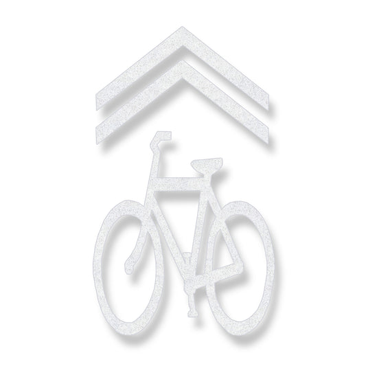 White preformed thermoplastic bicycle shared lane symbol under a chevron