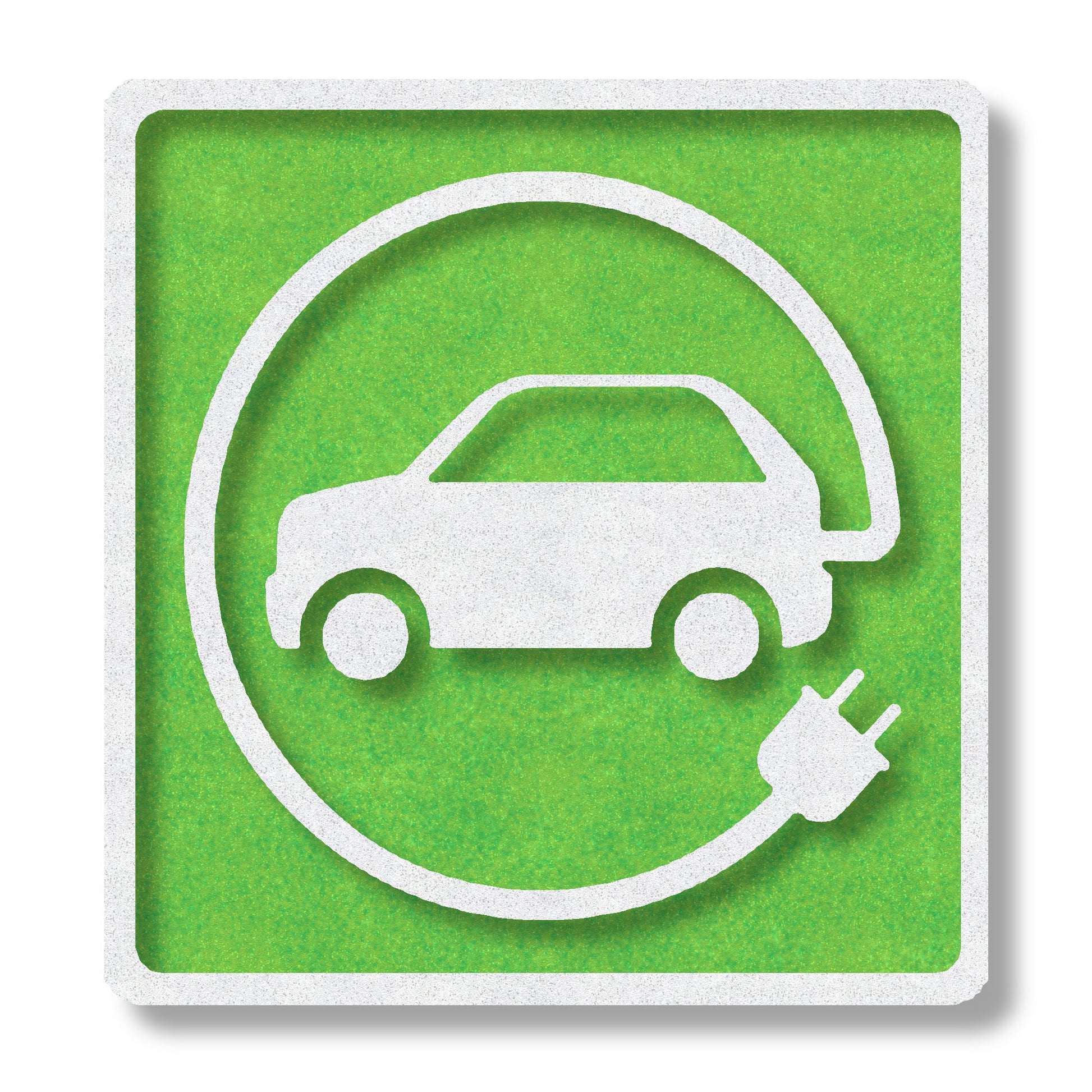 white preformed thermoplastic EV charger car with border and green contrast