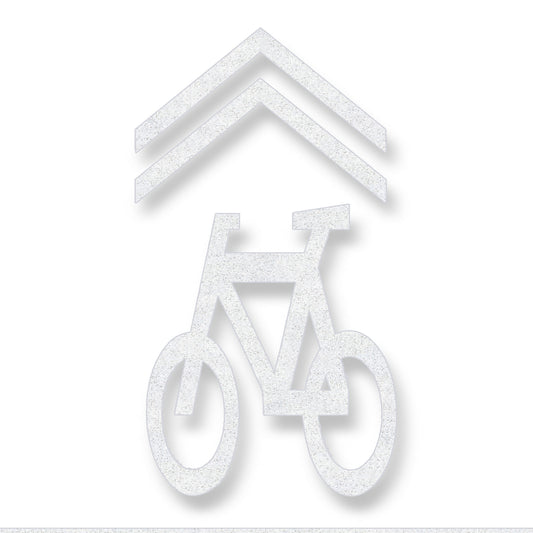 White preformed thermoplastic bicycle shared lane symbol under a chevron