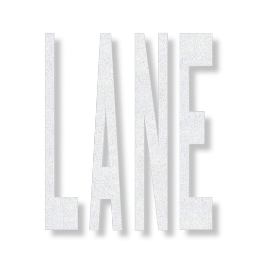 white preformed thermoplastic word LANE in all caps in white