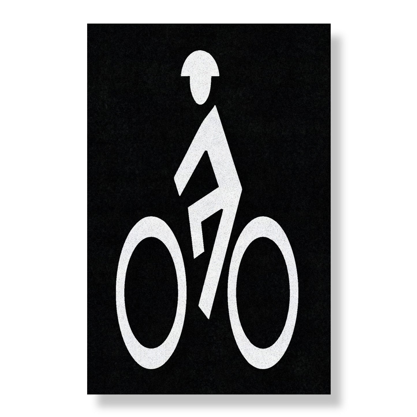 White symbol of a person wearing a helmet on a bike on a black rectangle