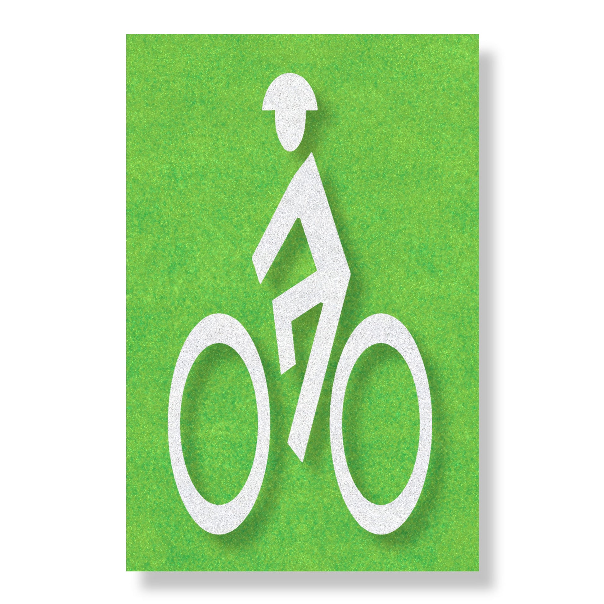 White symbol of a person wearing a helmet on a bike on a green rectangle