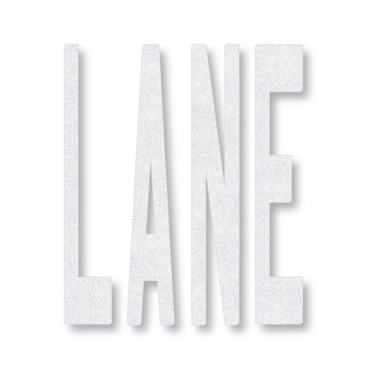 white preformed thermoplastic word 8' LANE in all caps in white