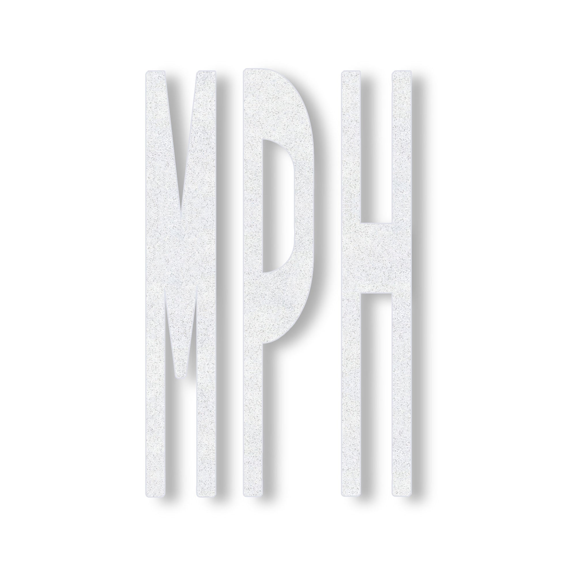 white preformed thermoplastic word MPH in all caps in white