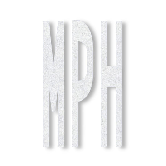 white preformed thermoplastic word MPH in all caps in white