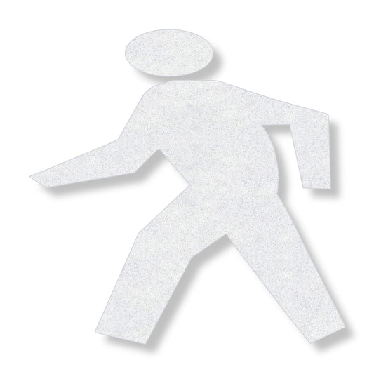A white preformed thermoplastic pedestrian figure in white is walking
