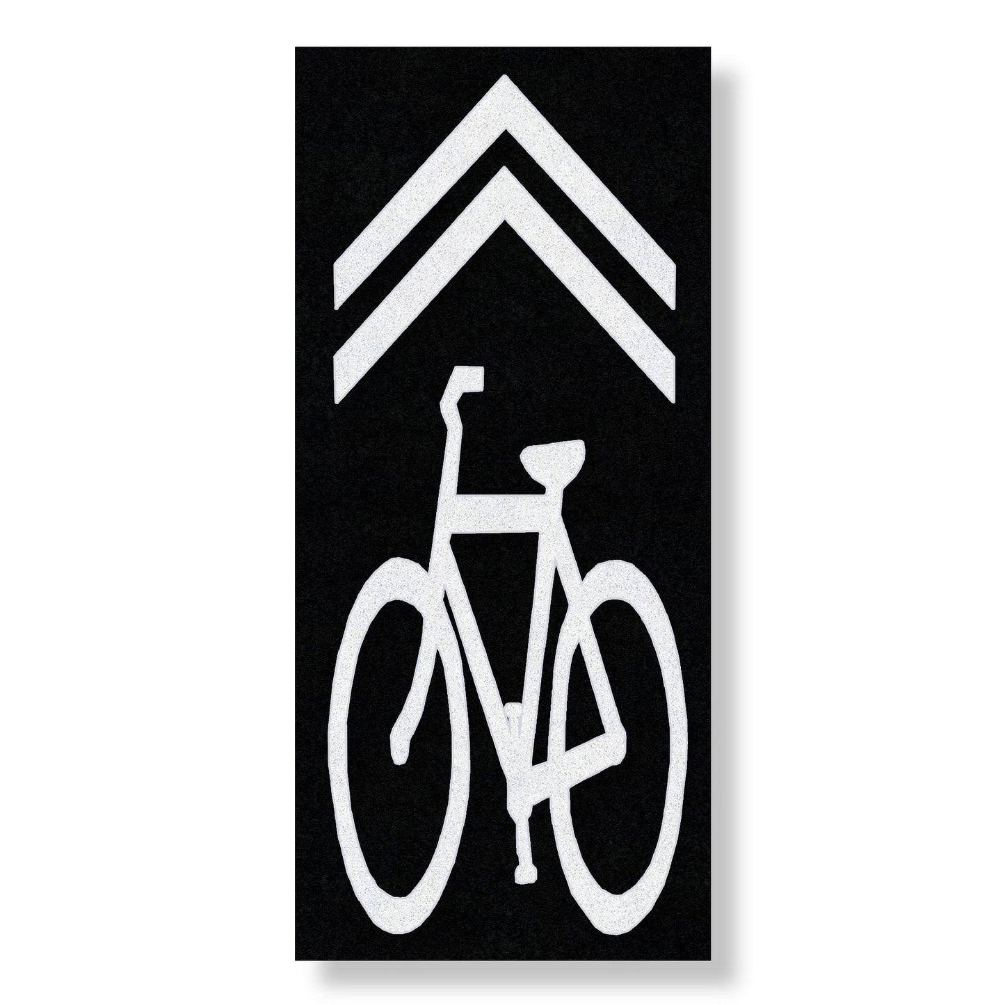 A white bicycle shared lane symbol below a chevron on a black contrast.