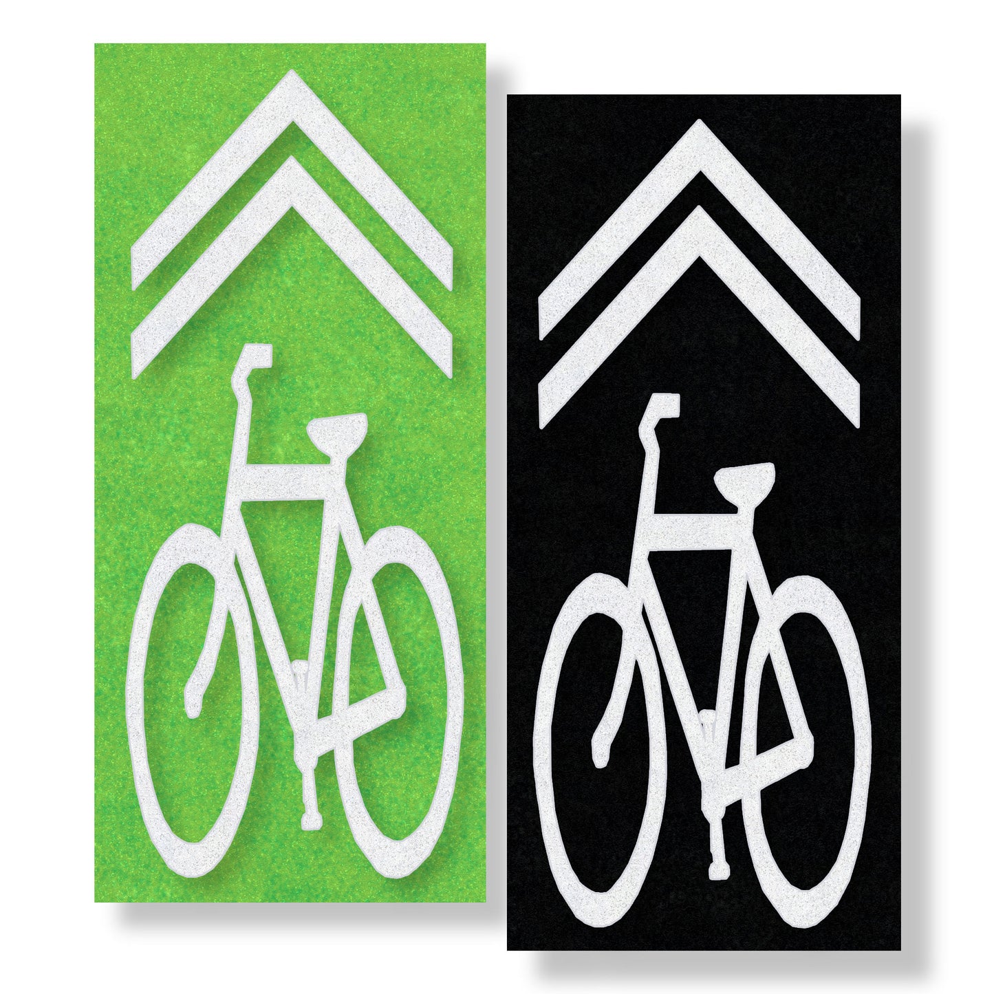 A white bicycle shared lane symbol below a chevron on both green and black contrast.
