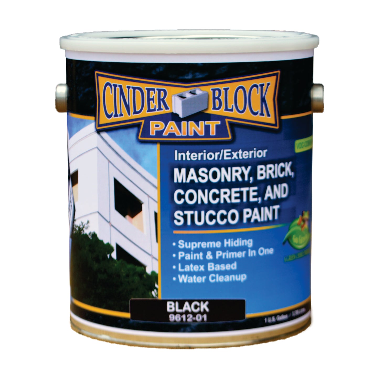 A bucket of Cinder Block Paint in white. Text contains "Interior/Exterior Masonry, Brick, Concrete, and Stucco Paint. Supreme Hiding. Paint & Primer in One. Latex Based. Water Cleanup. Black 9612-01"