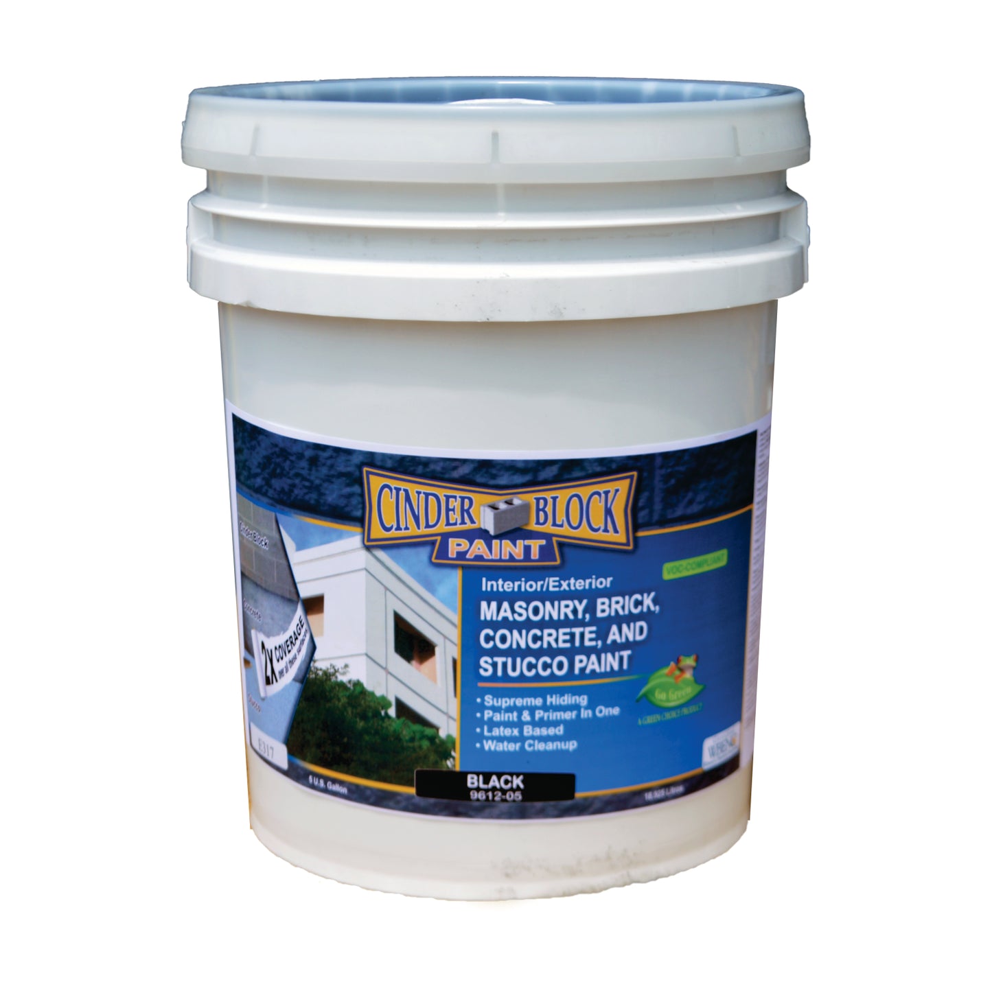 A bucket of Cinder Block Paint in white. Text contains "Interior/Exterior Masonry, Brick, Concrete, and Stucco Paint. Supreme Hiding. Paint & Primer in One. Latex Based. Water Cleanup. Black"