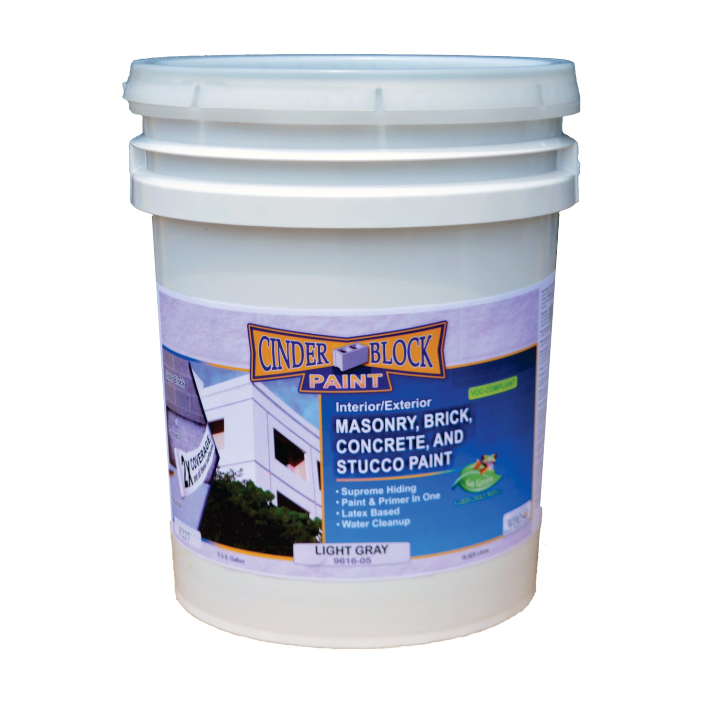 A bucket of Cinder Block Paint in white. Text contains "Interior/Exterior Masonry, Brick, Concrete, and Stucco Paint. Supreme Hiding. Paint & Primer in One. Latex Based. Water Cleanup. Light Gray"