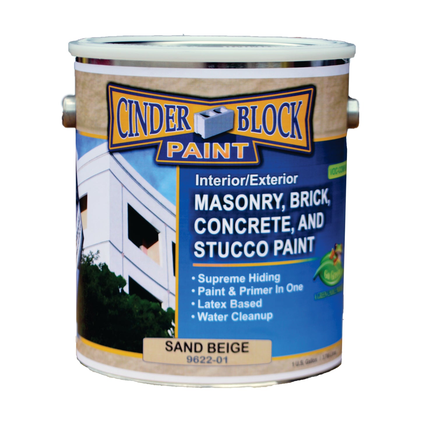 A bucket of Cinder Block Paint in white. Text contains "Interior/Exterior Masonry, Brick, Concrete, and Stucco Paint. Supreme Hiding. Paint & Primer in One. Latex Based. Water Cleanup. Sand Beige 9622-01"