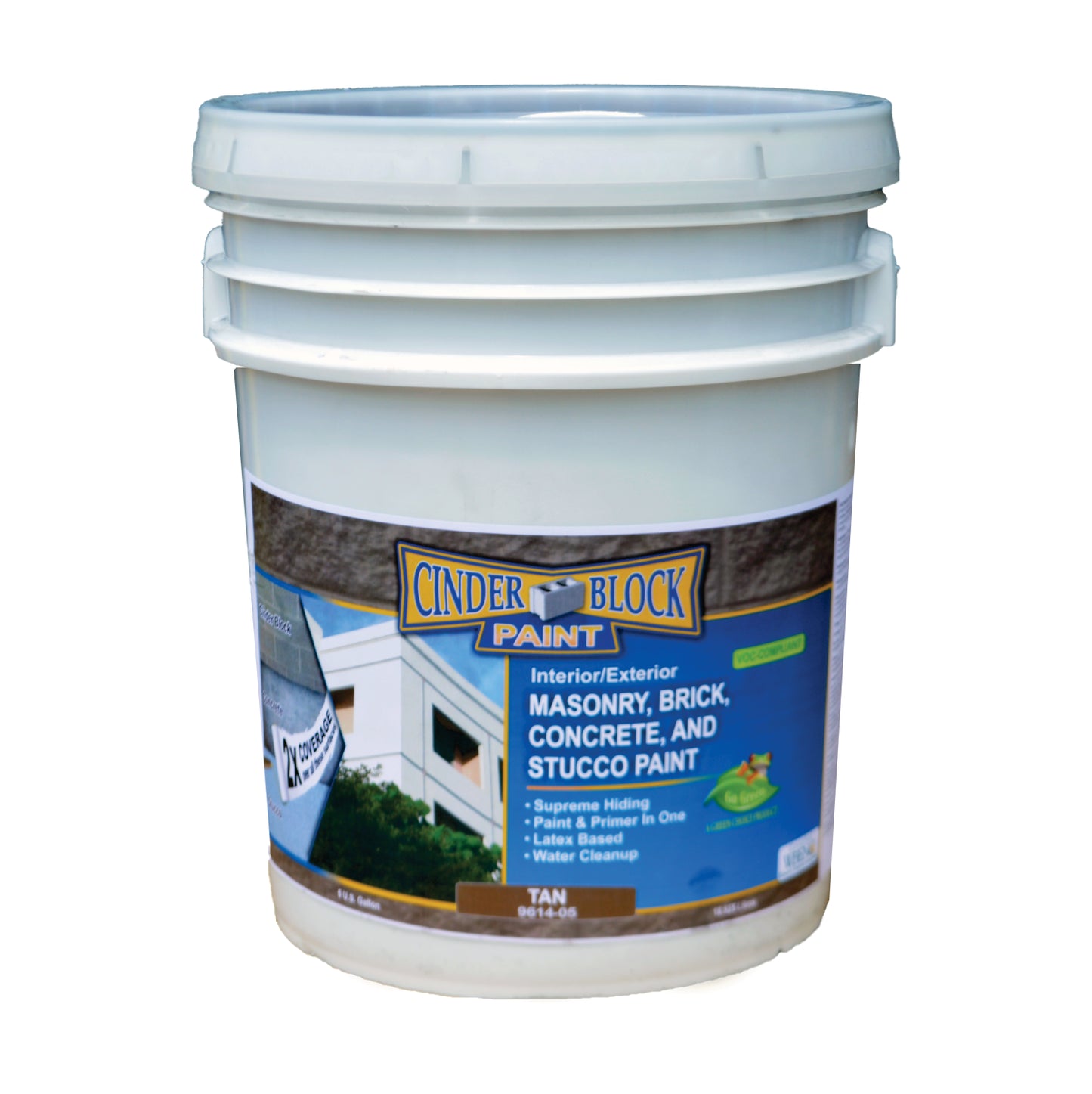 A bucket of Cinder Block Paint in white. Text contains "Interior/Exterior Masonry, Brick, Concrete, and Stucco Paint. Supreme Hiding. Paint & Primer in One. Latex Based. Water Cleanup. Tan"