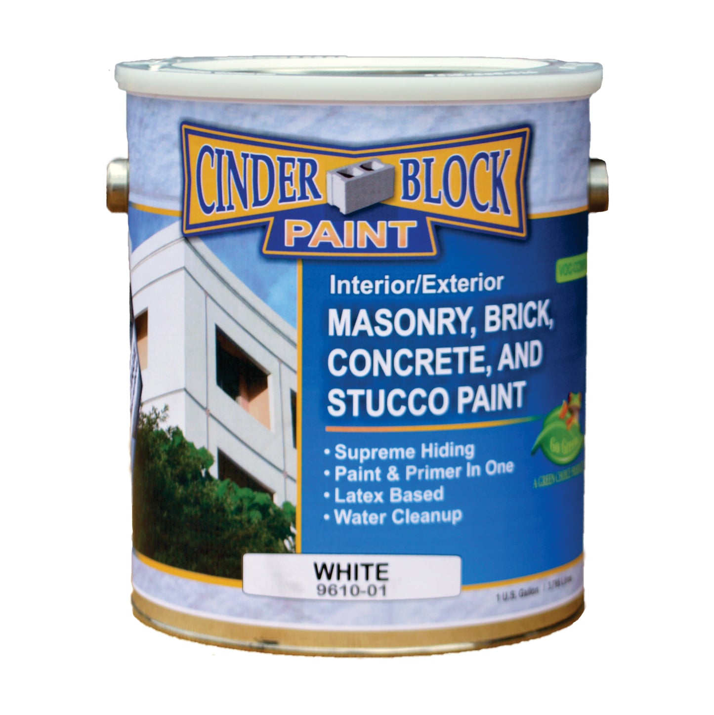 A bucket of Cinder Block Paint in white. Text contains "Interior/Exterior Masonry, Brick, Concrete, and Stucco Paint. Supreme Hiding. Paint & Primer in One. Latex Based. Water Cleanup. White 9610-01"