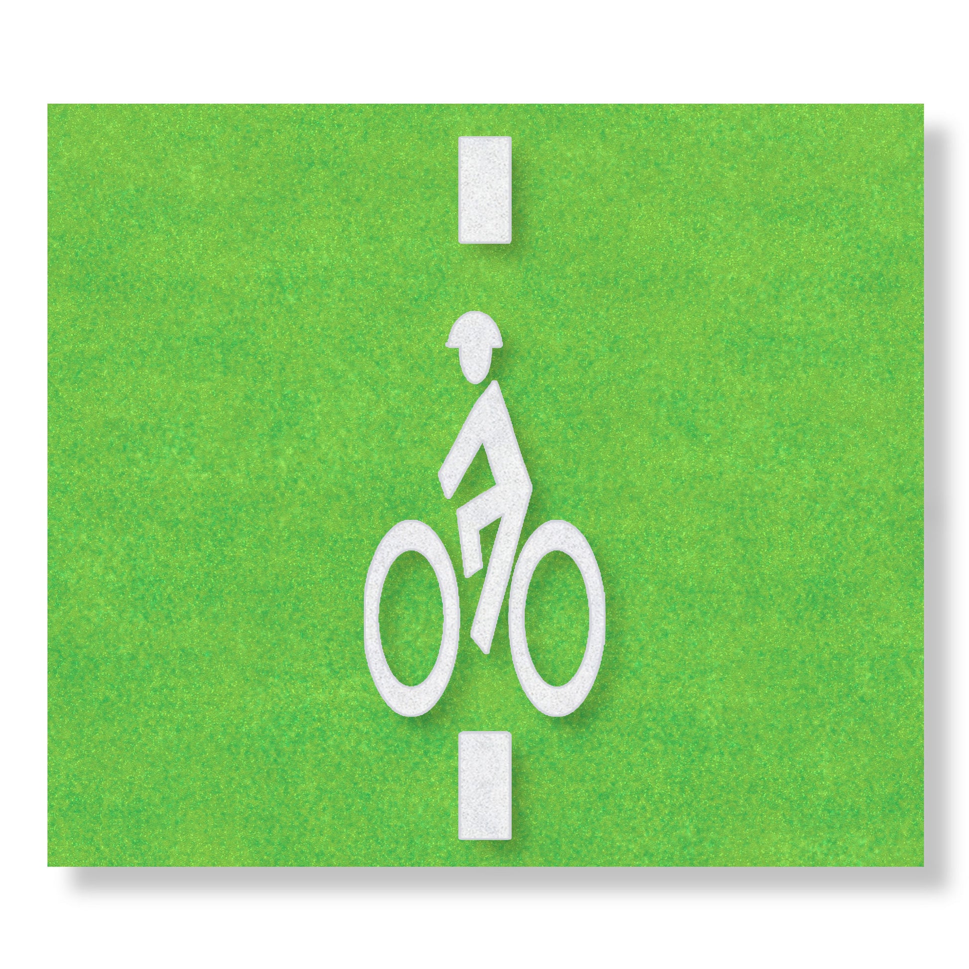 A white symbol of a person wearing a helmet riding a bike with a line extending above and below on a green rectangle.