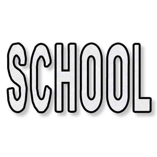 preformed thermoplastic SCHOOL in all caps in white with black border